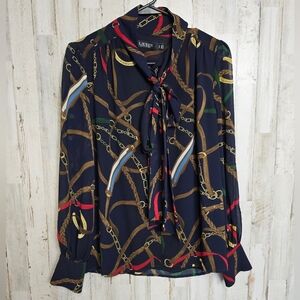 Lauren Ralph Lauren Georgette Equestrian Print Tie Neck Top size Small